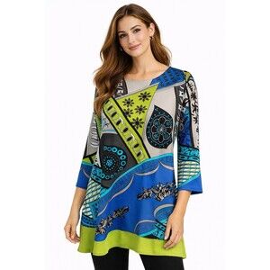 Eva Varro Blue Green Abstract Print Tunic Top L Stretch Handcrafted USA Artwear